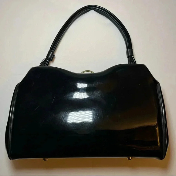 Vintage 1960s Kismet Creations Black Purse Shiny Medium MCM Gold Hardware Classy - Picture 4 of 15